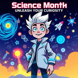 A captivating science month poster featuring Suguru, a curious, energetic character exploring the wonders of science