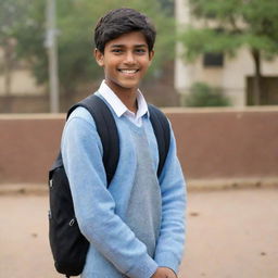 Transform the same young Indian teenager into a high school student. He keeps his warm smile and dreamful eyes but now wears a typical high school uniform with a backpack slung over his shoulder.