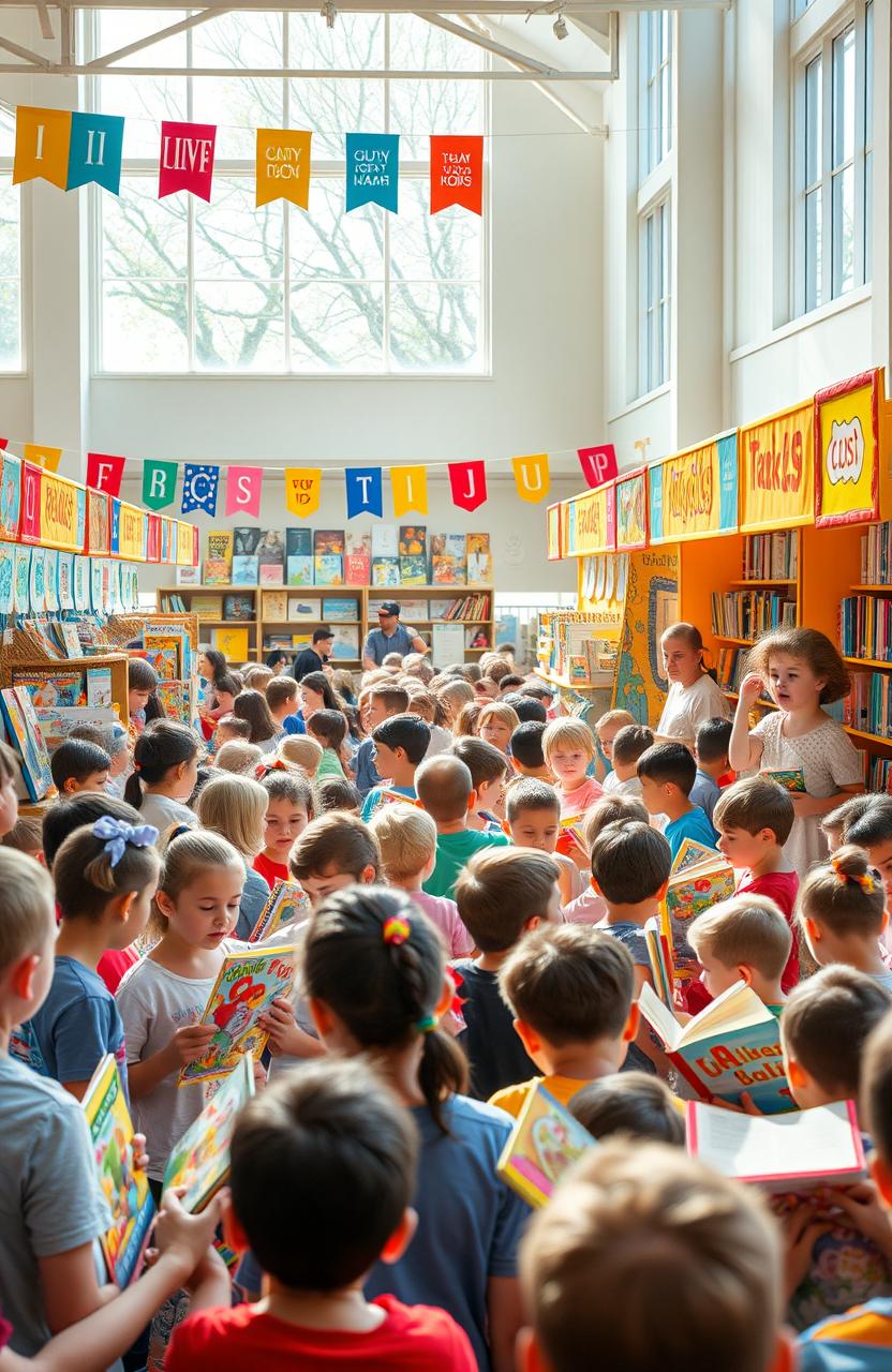 Children gathered at a vibrant and colorful book fair, surrounded by booths filled with a variety of books