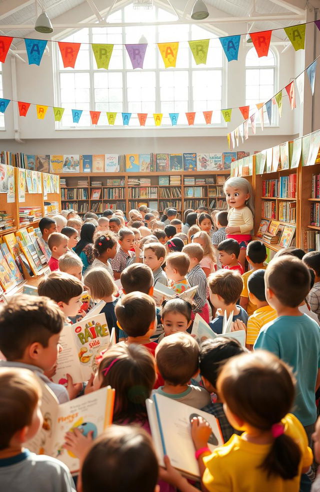 Children gathered at a vibrant and colorful book fair, surrounded by booths filled with a variety of books