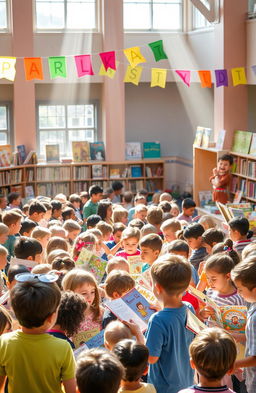 Children gathered at a vibrant and colorful book fair, surrounded by booths filled with a variety of books