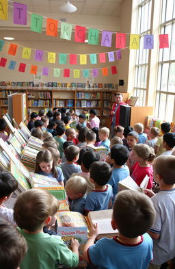 Children gathered at a vibrant and colorful book fair, surrounded by booths filled with a variety of books