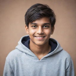 Adjust the portrait of the young Indian teenager. He is now wearing a trendy, relaxed hoodie yet retaining his warm smile and dreamful eyes.