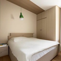 Design a small bedroom decorated in an aesthetically pleasing way with optimal use of the available space.