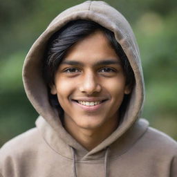 Adjust the portrait of the young Indian teenager. He is now wearing a trendy, relaxed hoodie yet retaining his warm smile and dreamful eyes.