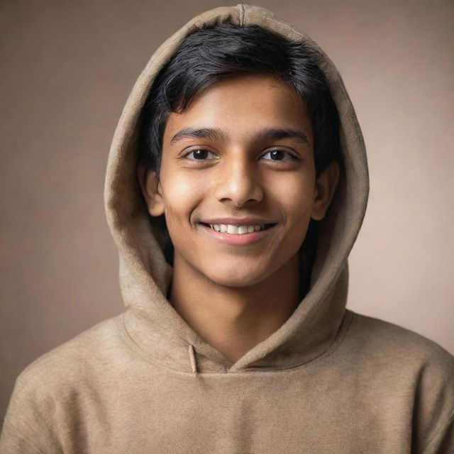 Adjust the portrait of the young Indian teenager. He is now wearing a trendy, relaxed hoodie yet retaining his warm smile and dreamful eyes.