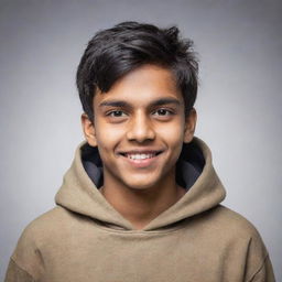 Adjust the portrait of the young Indian teenager. He is now wearing a trendy, relaxed hoodie yet retaining his warm smile and dreamful eyes.