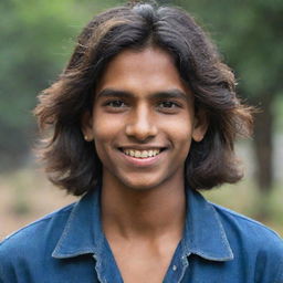 Update the portrait of the young Indian teenager, making his hair longer and unruly. Preserving his warm smile and dreamful eyes, his style now reflects a hint of teenage rebellion.