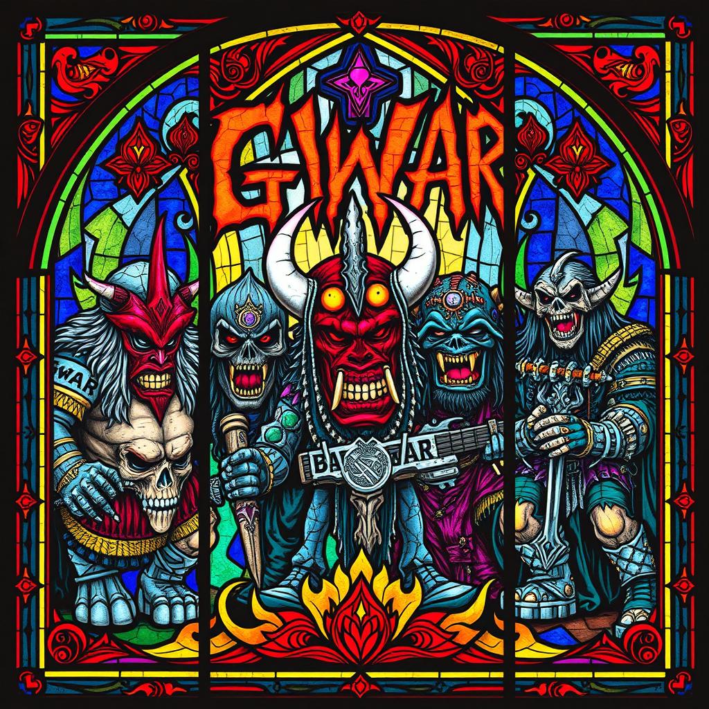 A detailed stained glass window art depicting GWAR, the legendary heavy metal band, showcasing their iconic monstrous and theatrical appearance