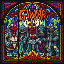 A detailed stained glass window art depicting GWAR, the legendary heavy metal band, showcasing their iconic monstrous and theatrical appearance