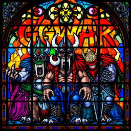 A detailed stained glass window art depicting GWAR, the legendary heavy metal band, showcasing their iconic monstrous and theatrical appearance