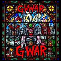 A detailed stained glass window art depicting GWAR, the legendary heavy metal band, showcasing their iconic monstrous and theatrical appearance