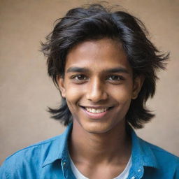 Update the portrait of the young Indian teenager, making his hair longer and unruly. Preserving his warm smile and dreamful eyes, his style now reflects a hint of teenage rebellion.