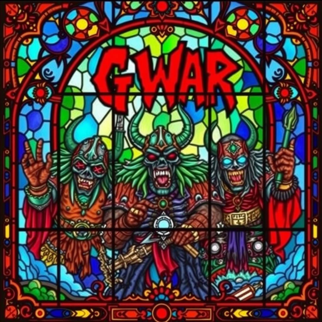 A detailed stained glass window art depicting GWAR, the legendary heavy metal band, showcasing their iconic monstrous and theatrical appearance