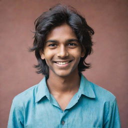 Update the portrait of the young Indian teenager, making his hair longer and unruly. Preserving his warm smile and dreamful eyes, his style now reflects a hint of teenage rebellion.