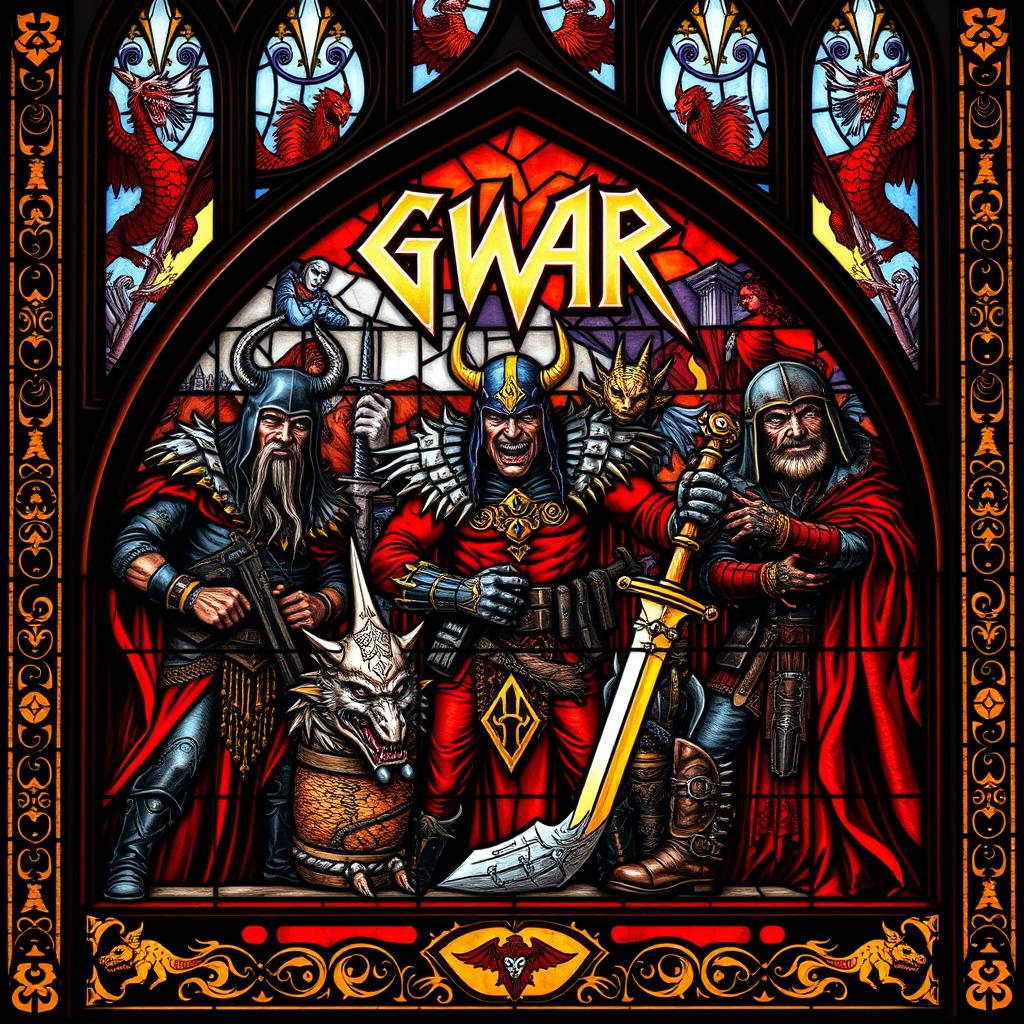 Gothic-style stained glass window featuring the members of GWAR, depicting them in their iconic warrior costumes with vibrant colors and intricate details