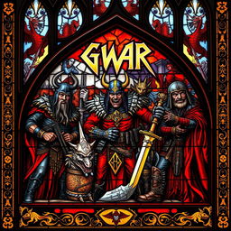 Gothic-style stained glass window featuring the members of GWAR, depicting them in their iconic warrior costumes with vibrant colors and intricate details