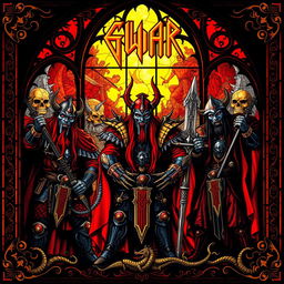 Gothic-style stained glass window featuring the members of GWAR, depicting them in their iconic warrior costumes with vibrant colors and intricate details