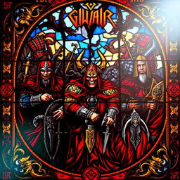 Gothic-style stained glass window featuring the members of GWAR, depicting them in their iconic warrior costumes with vibrant colors and intricate details