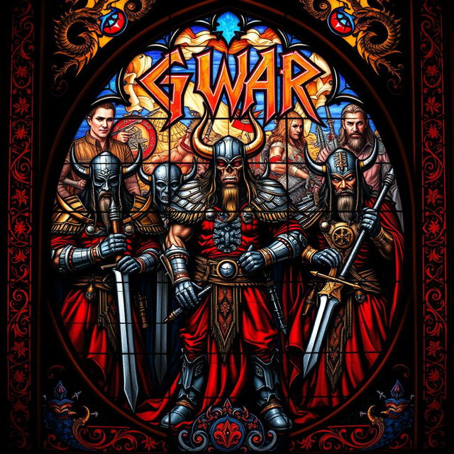 Gothic-style stained glass window featuring the members of GWAR, depicting them in their iconic warrior costumes with vibrant colors and intricate details