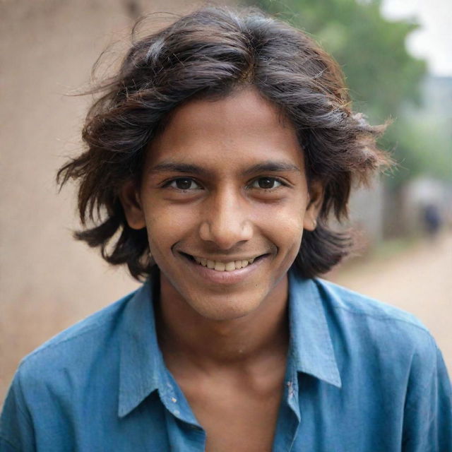 Update the portrait of the young Indian teenager, making his hair longer and unruly. Preserving his warm smile and dreamful eyes, his style now reflects a hint of teenage rebellion.