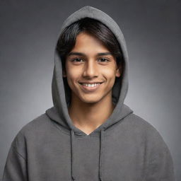 Redesign the portrait of the young Indian teenager. He now wears a stylish, casual hoodie. While his attire has changed, his warm smile and dreamful eyes persist.