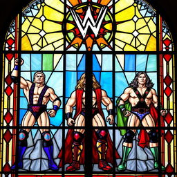 stained glass window depicting iconic wrestling legends from WWF, featuring vibrant colors and intricate designs, capturing the powerful poses and expressions of the wrestlers