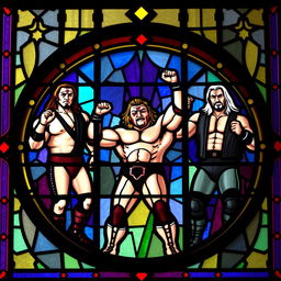 stained glass window depicting iconic wrestling legends from WWF, featuring vibrant colors and intricate designs, capturing the powerful poses and expressions of the wrestlers