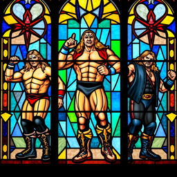 stained glass window depicting iconic wrestling legends from WWF, featuring vibrant colors and intricate designs, capturing the powerful poses and expressions of the wrestlers