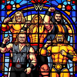 stained glass window depicting iconic wrestling legends from WWF, featuring vibrant colors and intricate designs, capturing the powerful poses and expressions of the wrestlers