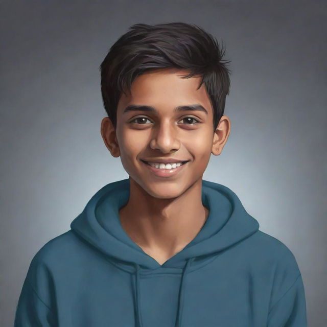 Redesign the portrait of the young Indian teenager. He now wears a stylish, casual hoodie. While his attire has changed, his warm smile and dreamful eyes persist.