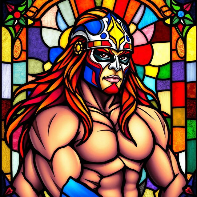 A stained glass window depicting the Ultimate Warrior, the legendary professional wrestler known for his vibrant face paint and intense energy