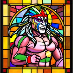 A stained glass window depicting the Ultimate Warrior, the legendary professional wrestler known for his vibrant face paint and intense energy