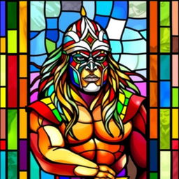 A stained glass window depicting the Ultimate Warrior, the legendary professional wrestler known for his vibrant face paint and intense energy