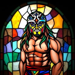 A stained glass window depicting the Ultimate Warrior, the legendary professional wrestler known for his vibrant face paint and intense energy