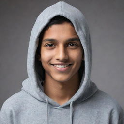 Redesign the portrait of the young Indian teenager. He now wears a stylish, casual hoodie. While his attire has changed, his warm smile and dreamful eyes persist.