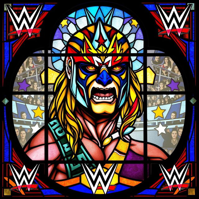 stained glass window depicting WWF's Ultimate Warrior, capturing his iconic face paint and energetic persona, vibrant colors embodying his intense charisma, intricate glasswork to convey movement and power, the background showcasing wrestling motifs with stylized depictions of the wrestling ring and audience, a dynamic border framing the window with bold lines and classic WWE logos