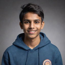 Redesign the portrait of the young Indian teenager. He now wears a stylish, casual hoodie. While his attire has changed, his warm smile and dreamful eyes persist.