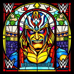 stained glass window depicting WWF's Ultimate Warrior, capturing his iconic face paint and energetic persona, vibrant colors embodying his intense charisma, intricate glasswork to convey movement and power, the background showcasing wrestling motifs with stylized depictions of the wrestling ring and audience, a dynamic border framing the window with bold lines and classic WWE logos