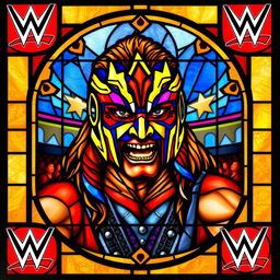 stained glass window depicting WWF's Ultimate Warrior, capturing his iconic face paint and energetic persona, vibrant colors embodying his intense charisma, intricate glasswork to convey movement and power, the background showcasing wrestling motifs with stylized depictions of the wrestling ring and audience, a dynamic border framing the window with bold lines and classic WWE logos