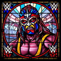 stained glass window depicting WWF's Ultimate Warrior, capturing his iconic face paint and energetic persona, vibrant colors embodying his intense charisma, intricate glasswork to convey movement and power, the background showcasing wrestling motifs with stylized depictions of the wrestling ring and audience, a dynamic border framing the window with bold lines and classic WWE logos