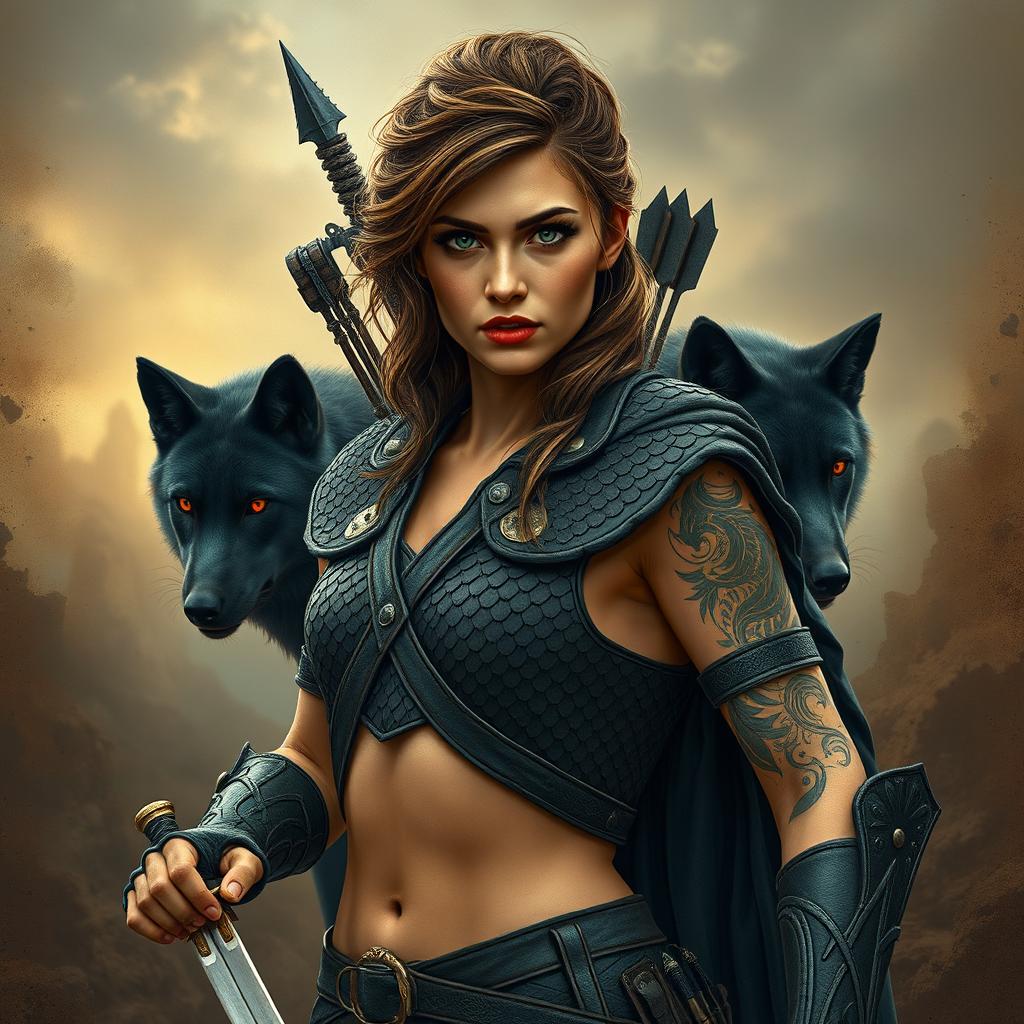 a war-torn background with a 27-year-old tanned woman with brown hair in a tribal hairstyle, red lips, beautiful and serious face with green eyes and a hint of eyeliner, strong body adorned with tribal tattoos on her arms, wearing a full-body black scale leather armor with a cape, holding swords in her hands