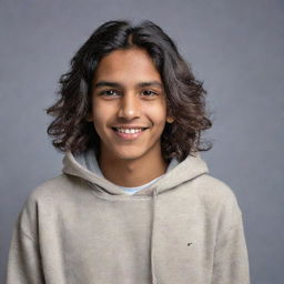 Adjust the portrait of the young Indian teenager, now with a trendy, casual hoodie and longer, unruly hair. His warm smile and dreamful eyes remain constant.