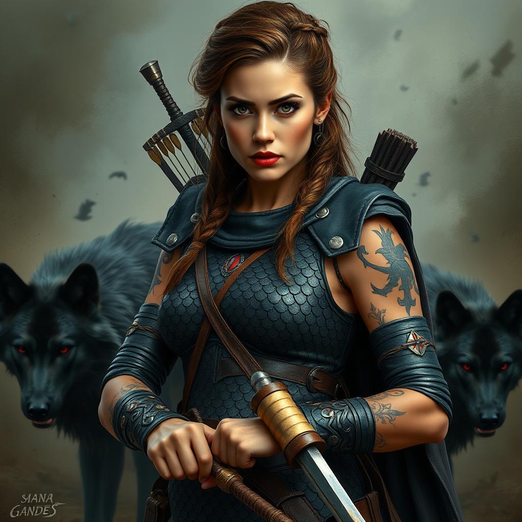 a war-torn background with a 27-year-old tanned woman with brown hair in a tribal hairstyle, red lips, beautiful and serious face with green eyes and a hint of eyeliner, strong body adorned with tribal tattoos on her arms, wearing a full-body black scale leather armor with a cape, holding swords in her hands