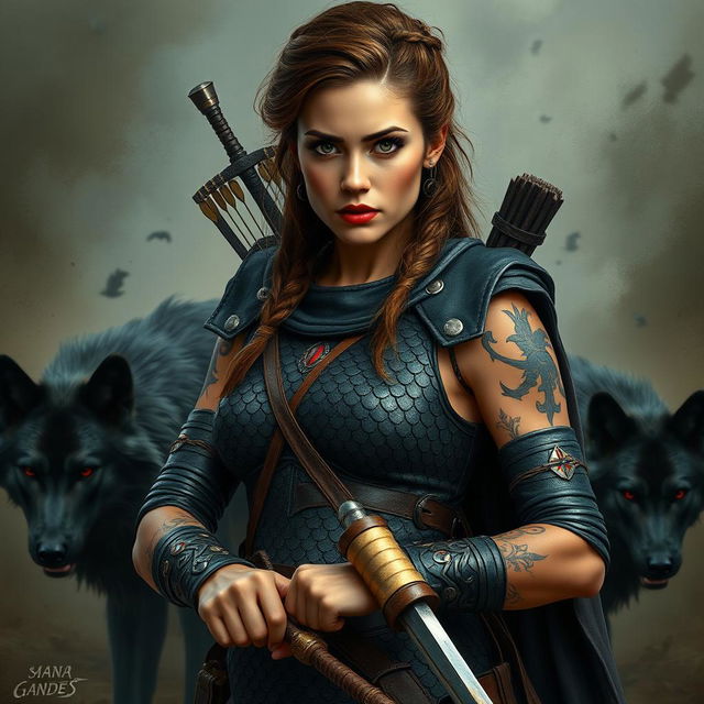 a war-torn background with a 27-year-old tanned woman with brown hair in a tribal hairstyle, red lips, beautiful and serious face with green eyes and a hint of eyeliner, strong body adorned with tribal tattoos on her arms, wearing a full-body black scale leather armor with a cape, holding swords in her hands