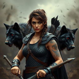 a war-torn background with a 27-year-old tanned woman with brown hair in a tribal hairstyle, red lips, beautiful and serious face with green eyes and a hint of eyeliner, strong body adorned with tribal tattoos on her arms, wearing a full-body black scale leather armor with a cape, holding swords in her hands