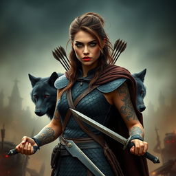 a war-torn background with a 27-year-old tanned woman with brown hair in a tribal hairstyle, red lips, beautiful and serious face with green eyes and a hint of eyeliner, strong body adorned with tribal tattoos on her arms, wearing a full-body black scale leather armor with a cape, holding swords in her hands