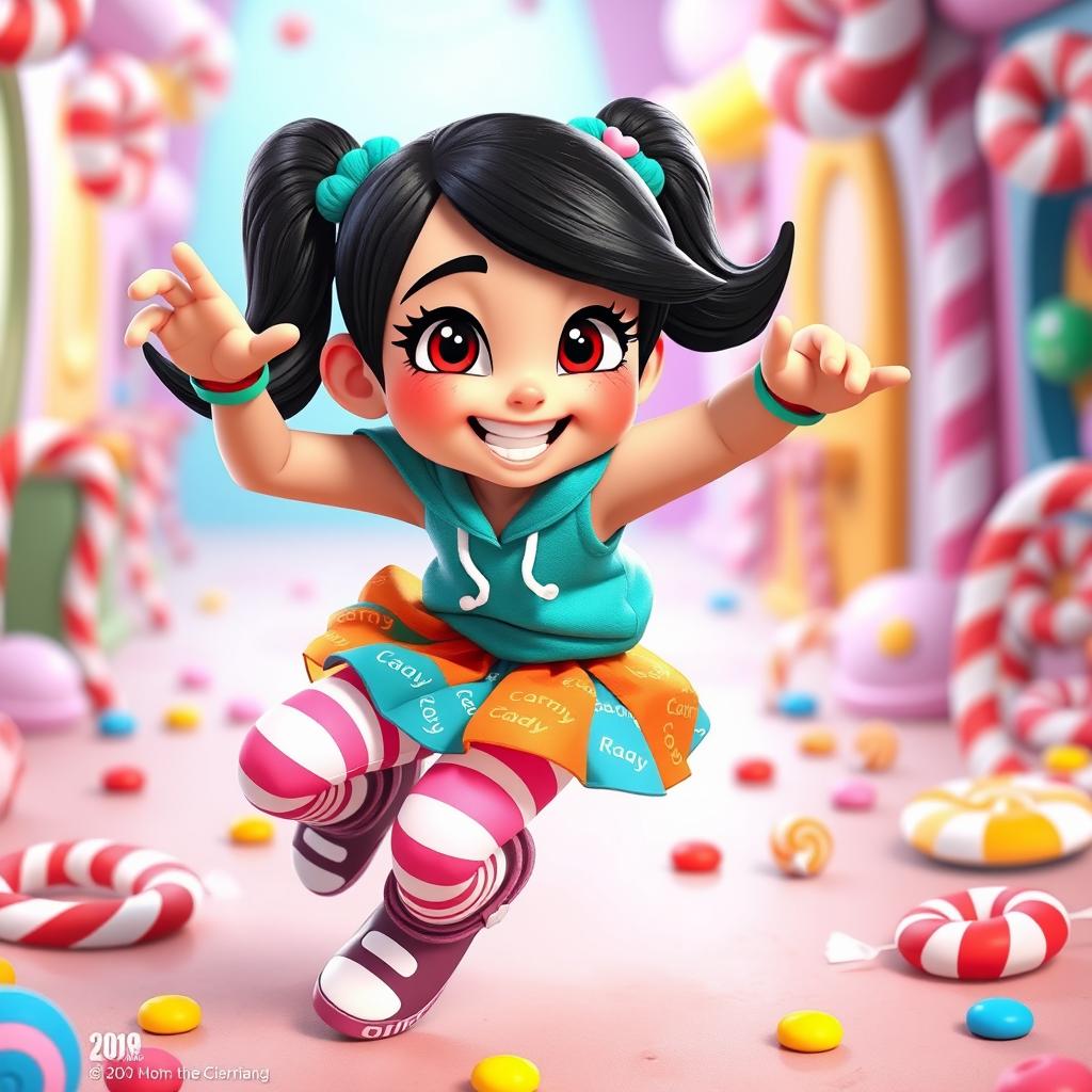 A playful character inspired by Vanellope from Wreck-It Ralph in a dynamic and lively pose, wearing a cute and colorful outfit consisting of a turquoise hoodie, striped candy-themed leggings, and a skirt made of vibrant candy wrappers