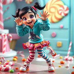 A playful character inspired by Vanellope from Wreck-It Ralph in a dynamic and lively pose, wearing a cute and colorful outfit consisting of a turquoise hoodie, striped candy-themed leggings, and a skirt made of vibrant candy wrappers