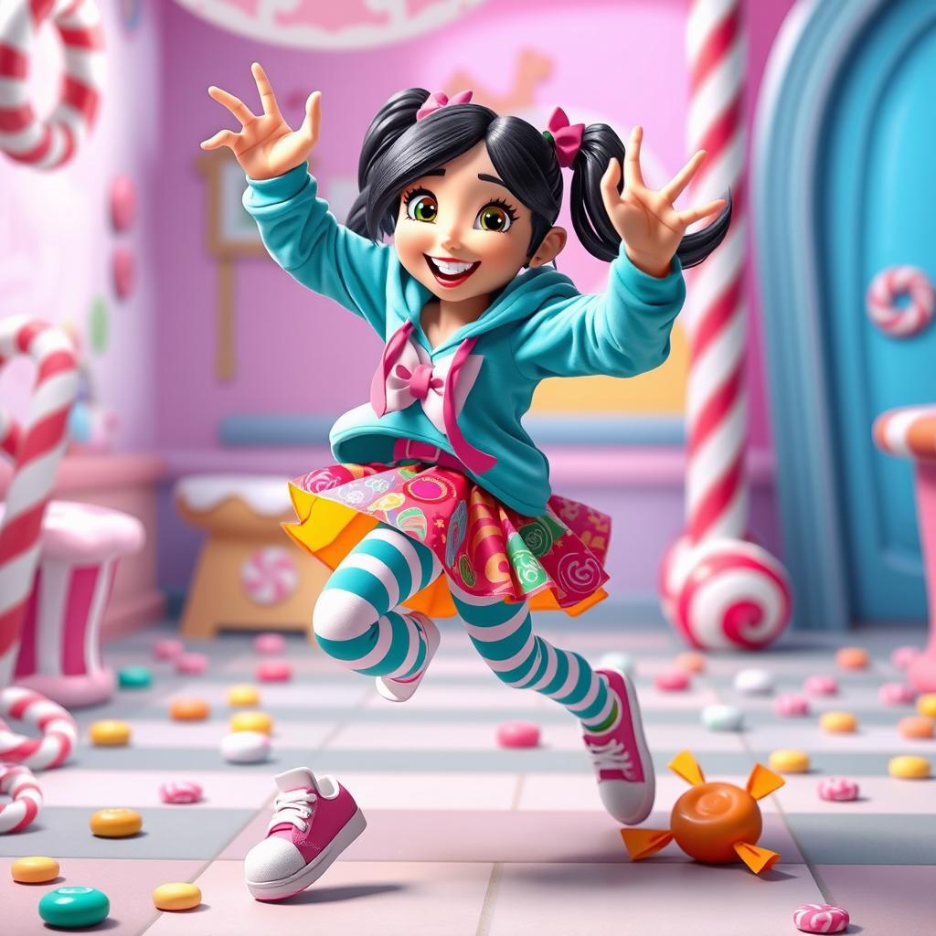 A playful character inspired by Vanellope from Wreck-It Ralph in a dynamic and lively pose, wearing a cute and colorful outfit consisting of a turquoise hoodie, striped candy-themed leggings, and a skirt made of vibrant candy wrappers